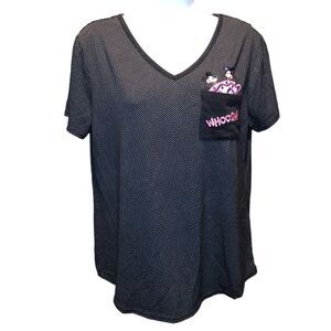 Disney Parks Black Mesh Embroidered Pocket Tee, Tea Cups Mickey & Minnie L